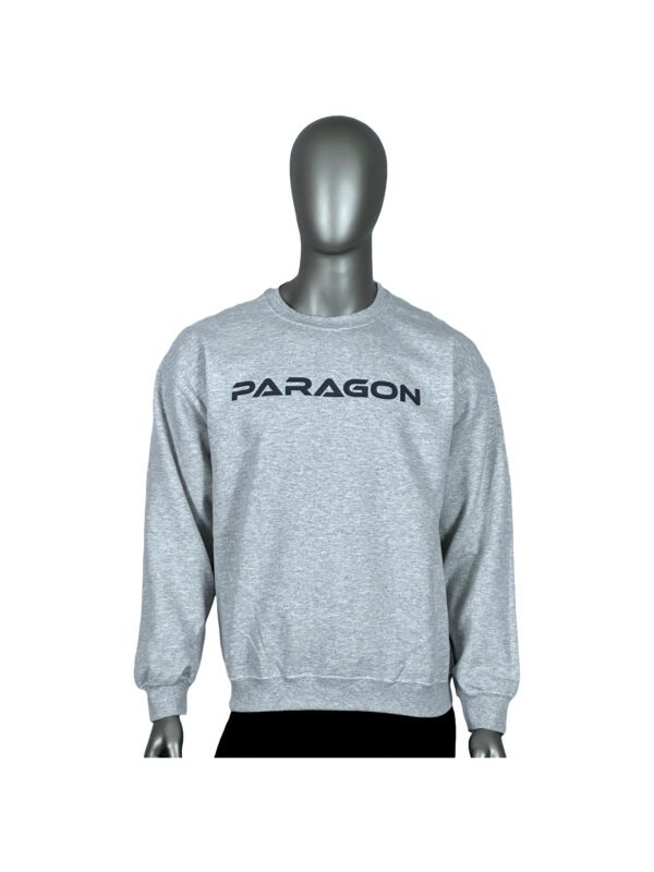 A man wearing a gray sweatshirt with the word paragon on it.
