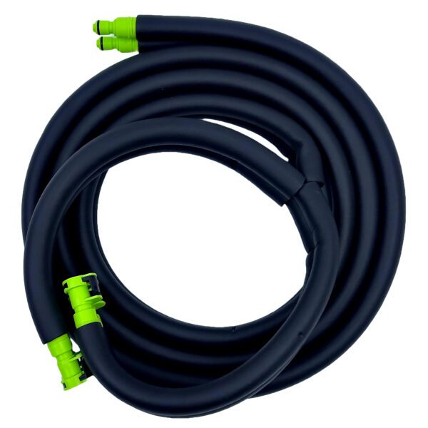 A bunch of black hose with green ends