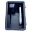 A black case with a silver handle and a cell phone