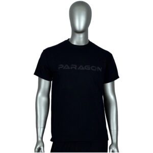 A man wearing a black t-shirt with the word paragon on it.
