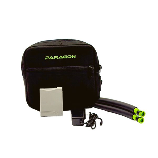 A black bag with some green handles and wires