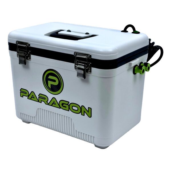 A white cooler with green lettering and handles.