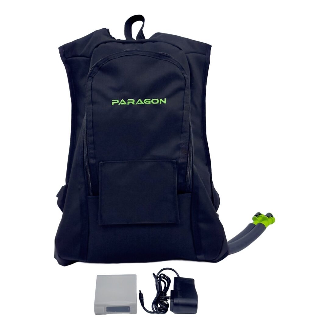 A backpack with a charger and power cord.
