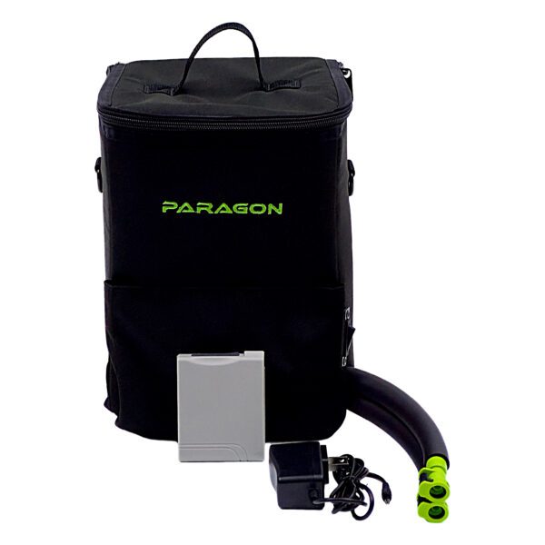 A black bag with a green handle and a black hose