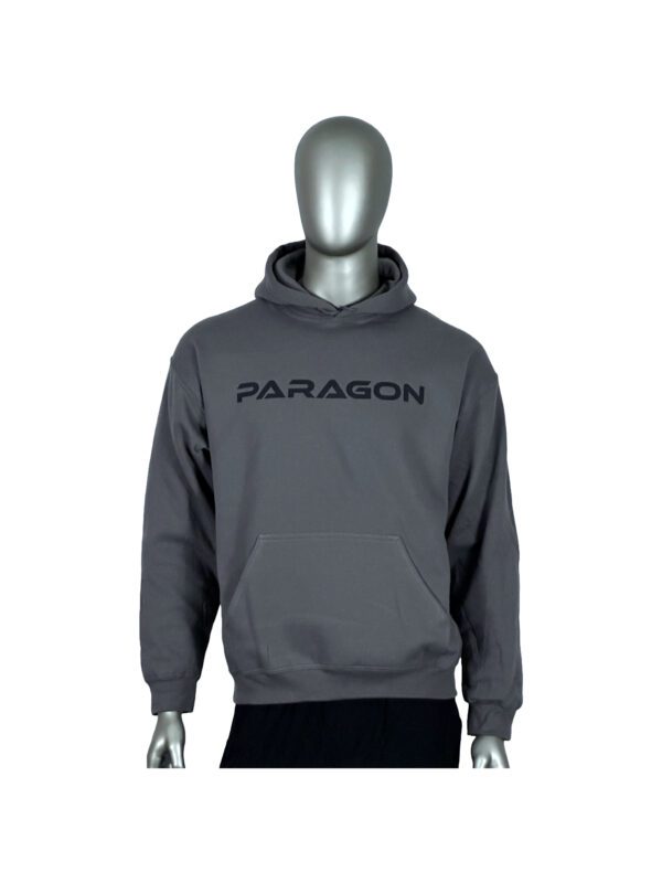 A person wearing a gray hoodie with the word paragon on it.