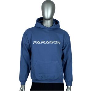 A person wearing a blue hoodie with the word paragon on it.