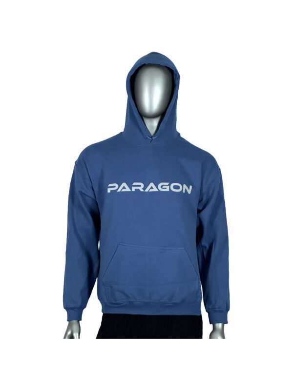 A person wearing a blue hoodie with the word paragon on it.