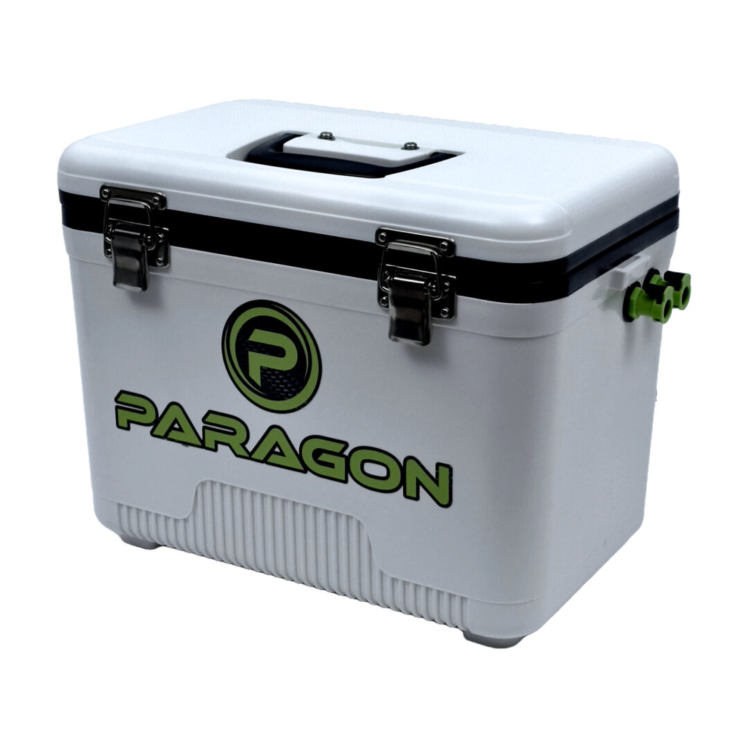 A white cooler with the word paragon on it.