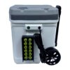 Wheeled cooler with power cord and connectors.