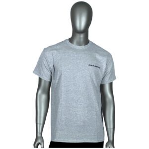 A mannequin wearing a gray t-shirt with black lettering.