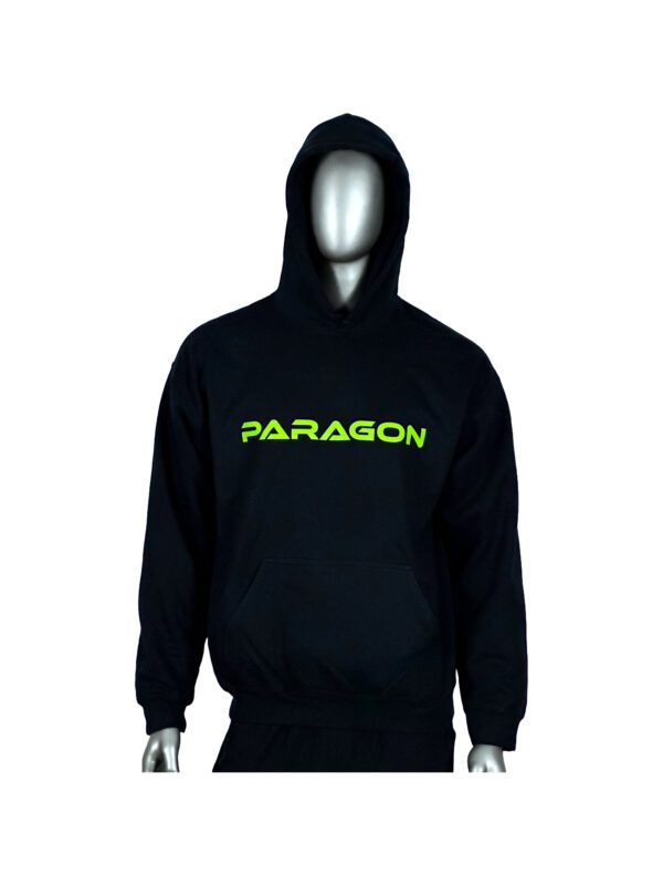 A person wearing a black hoodie with neon green lettering.