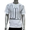A white t-shirt with black and green lines on it.