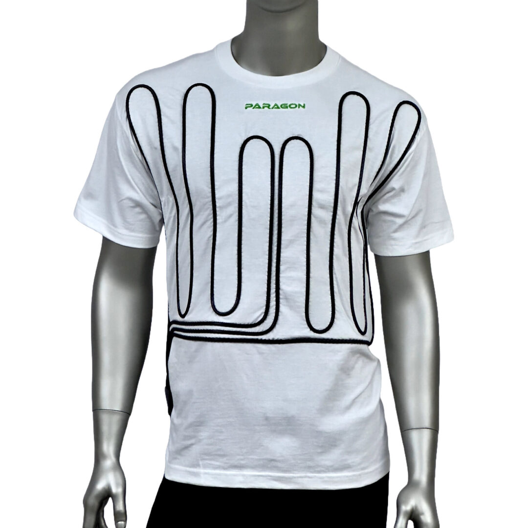 A white t-shirt with black and green lines on it.