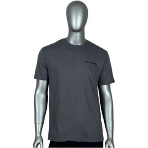 A mannequin wearing a gray t-shirt and black pants.