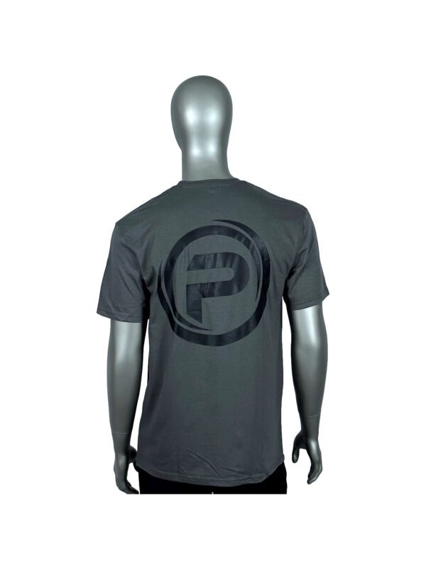 A mannequin wearing a gray t-shirt with a black logo.