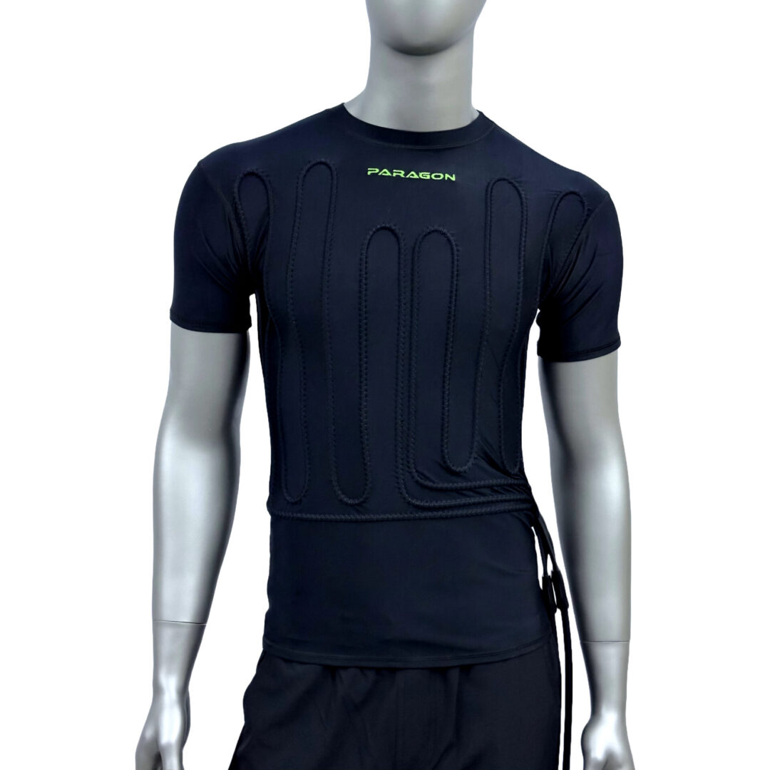 A mannequin wearing a black shirt and shorts.