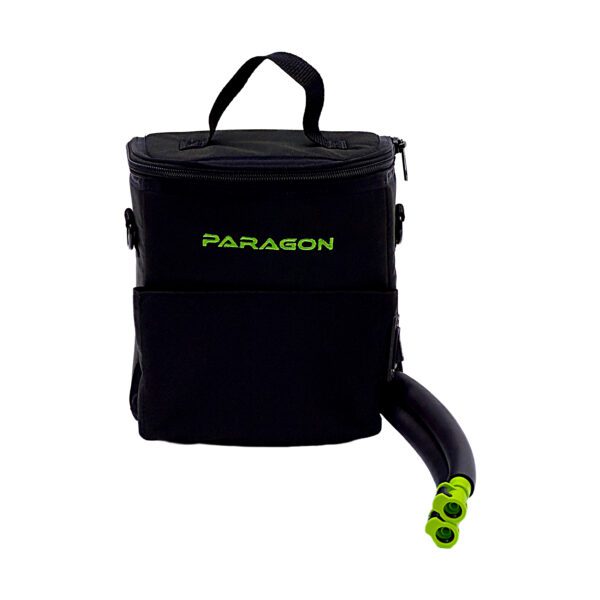 A black bag with a yellow handle and green lettering