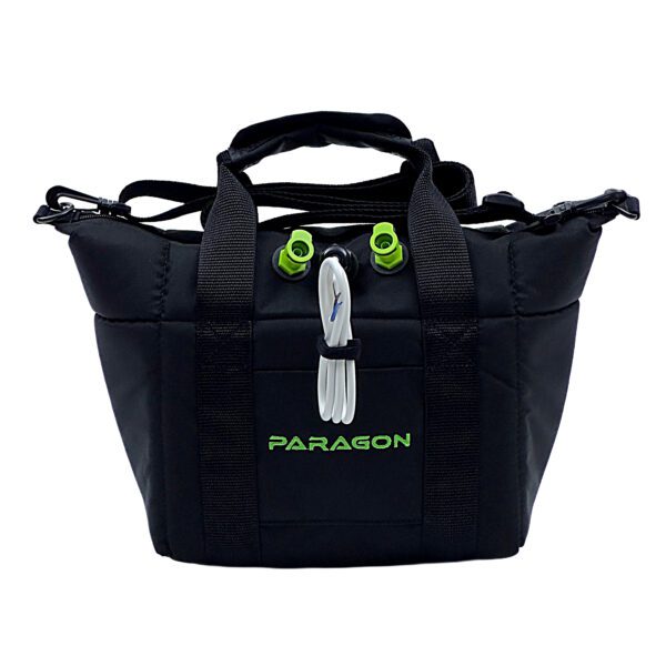 A black bag with green accents and a white handle.