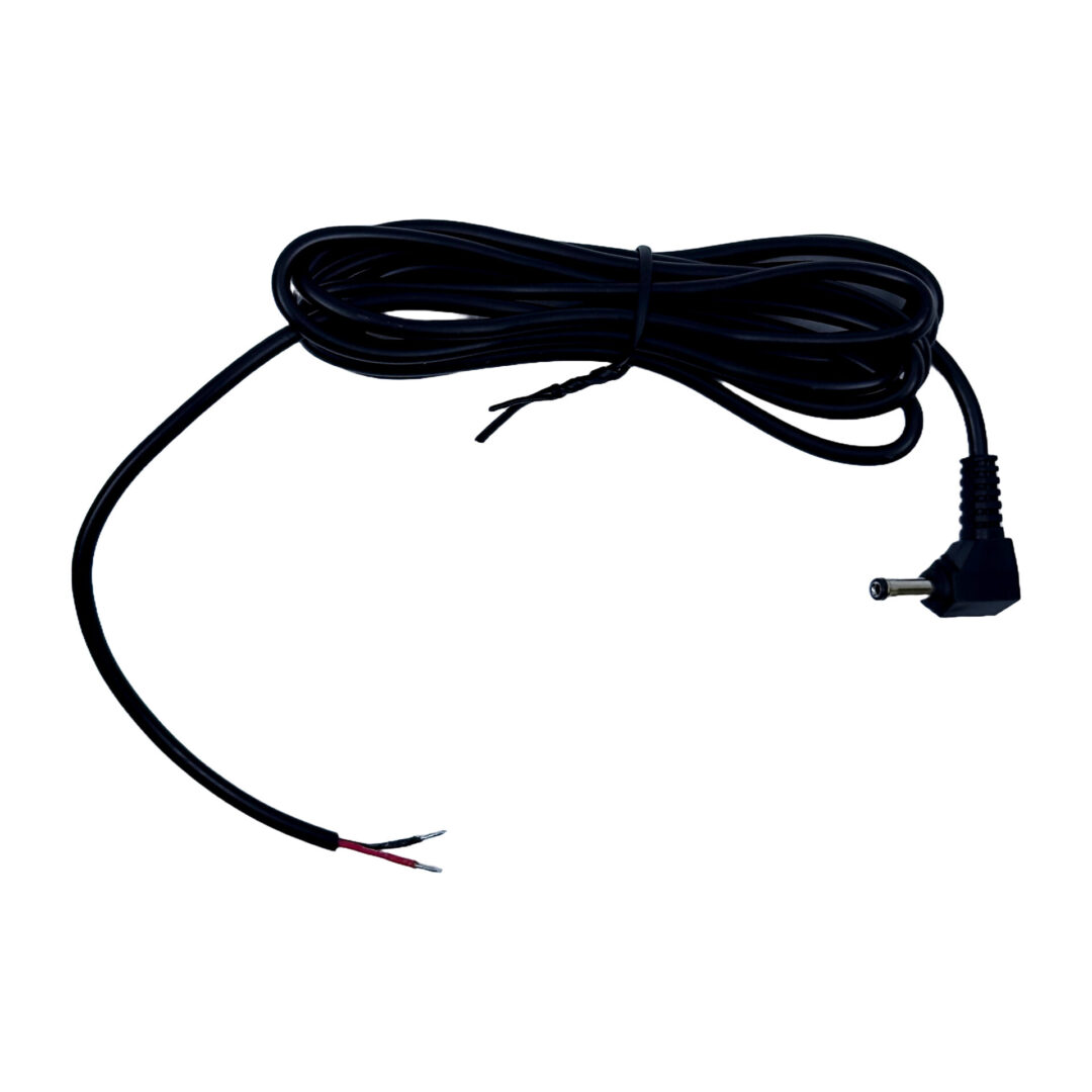 A black cord with a white and red wire