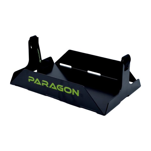 A black stand with the word paragon written on it.