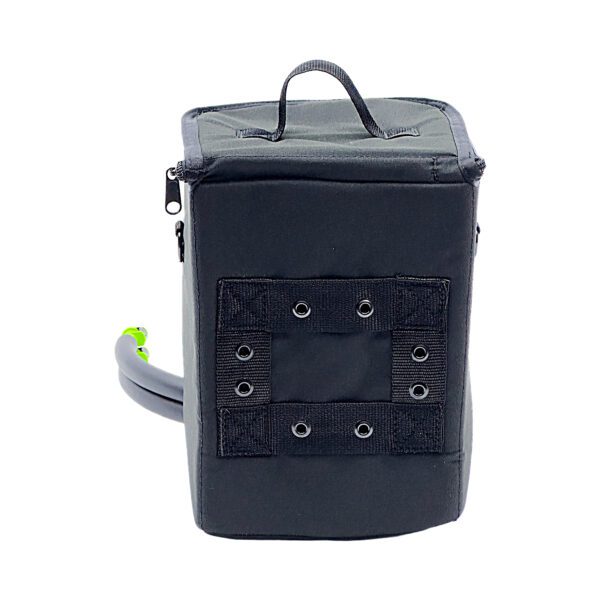 A black bag with a green handle and a yellow handle.