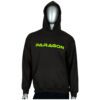 A black hoodie with neon green writing on it.