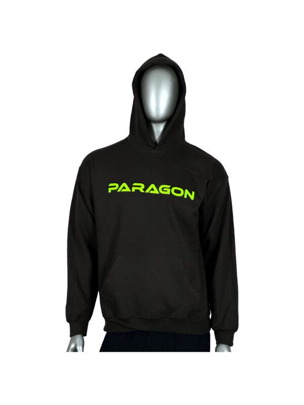 A black hoodie with neon green writing on it.