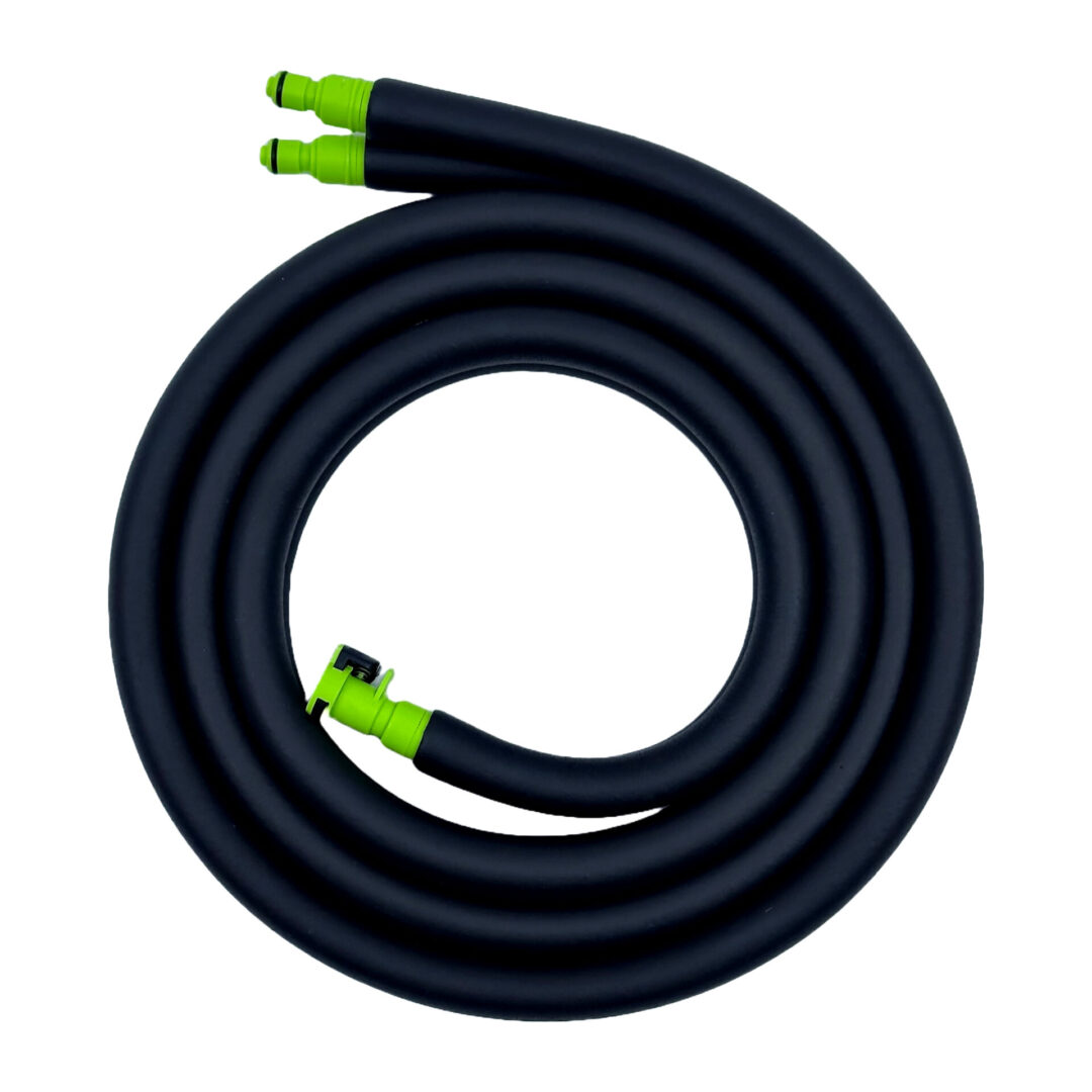 A black hose with green ends is rolled up.
