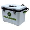 A white cooler with green lettering and handles.