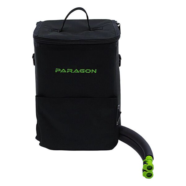 A black bag with green lettering and a hose attached to it.