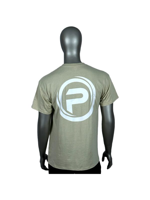 A man wearing a t-shirt with the letter p on it.