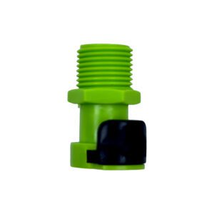A green plastic water hose connector with black cap.