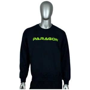 A black sweatshirt with the word paragon written on it.