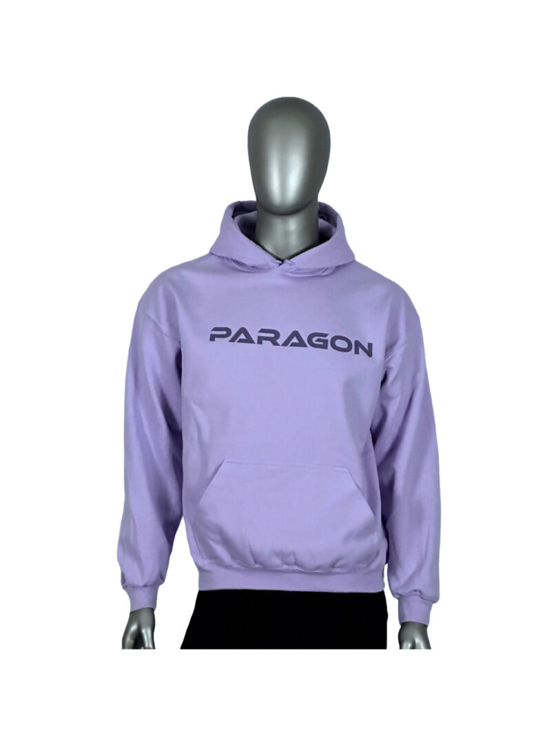 A person wearing a purple hoodie with the word paragon on it.