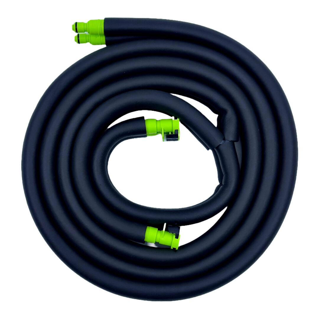 A black hose with green ends is curled up.