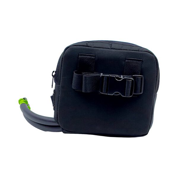 A black bag with a green handle and strap.
