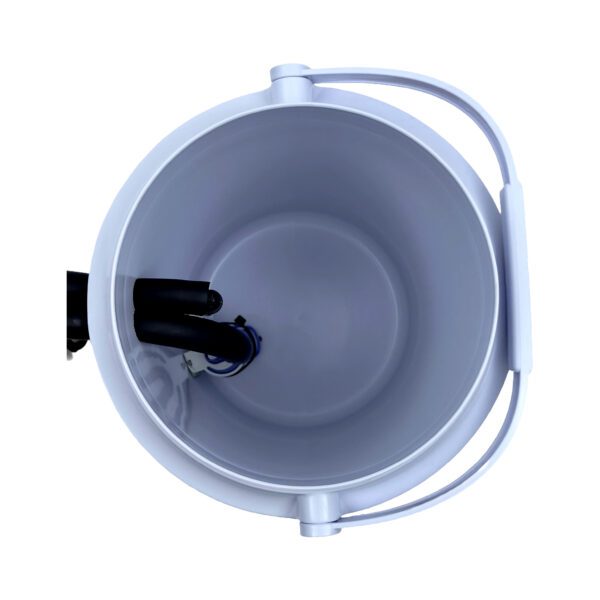 A white bucket with a black handle and some wires