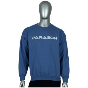 A person wearing a blue sweatshirt with the word paragon on it.