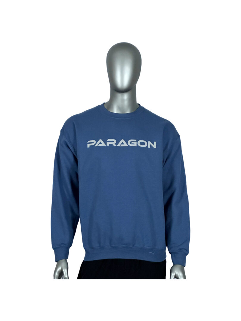 A person wearing a blue sweatshirt with the word paragon on it.
