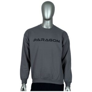 A man wearing a gray sweatshirt with the word paragon on it.