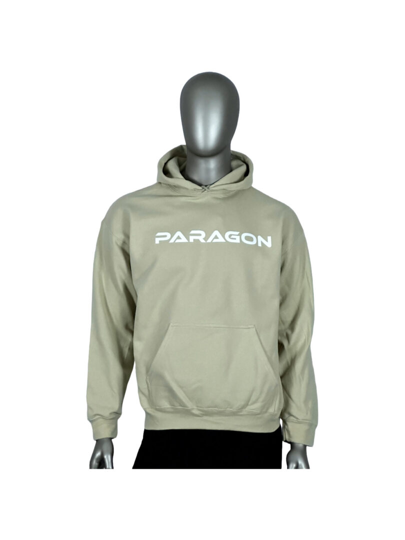 A person wearing a hoodie with the word paragon on it.