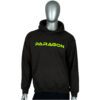 A man wearing a black hoodie with neon green writing.
