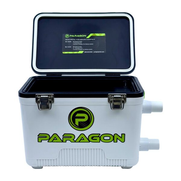 Paragon cooler with pump and lid open