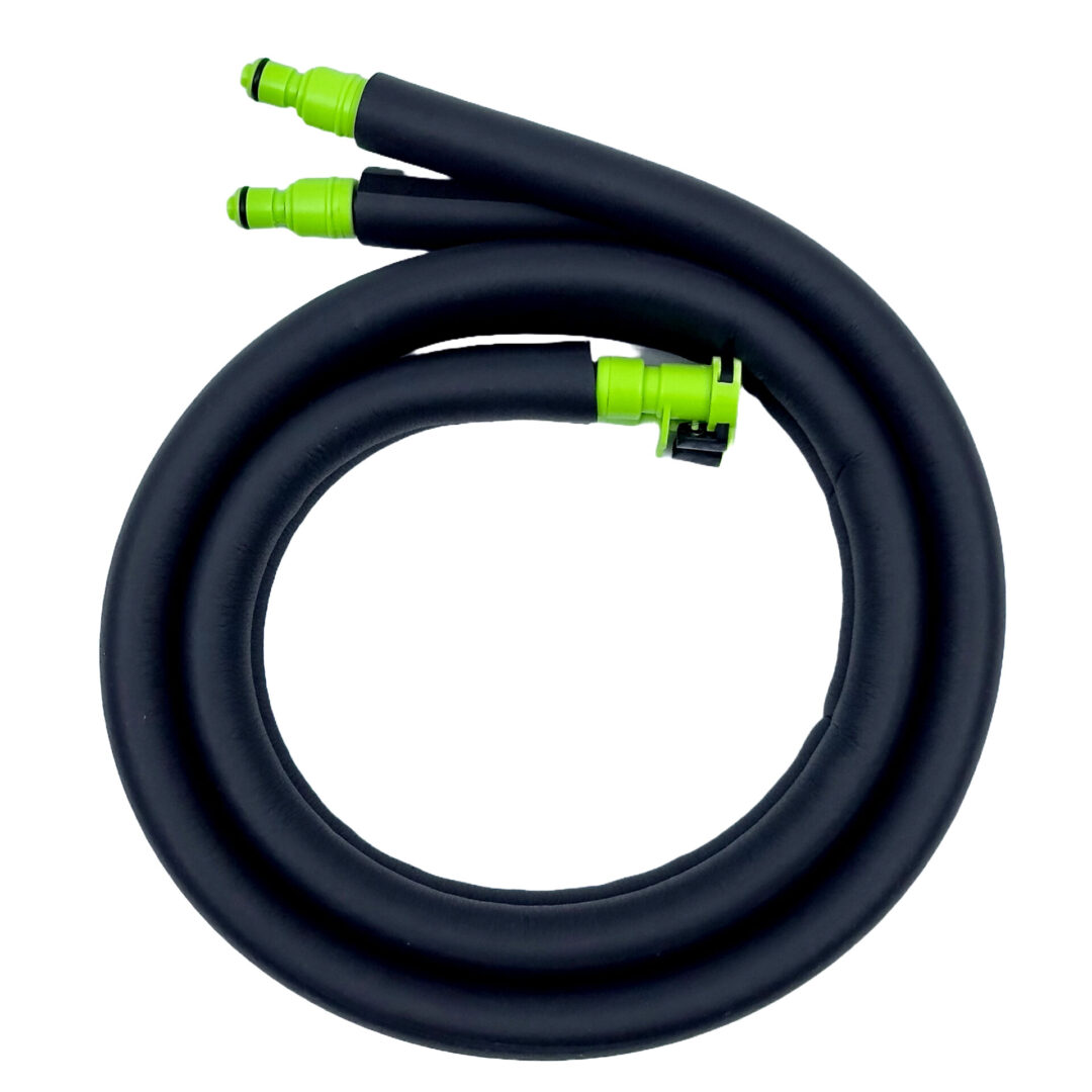 A pair of black and green hoses connected to each other.