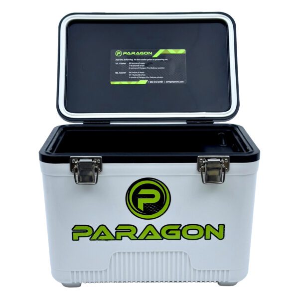 Paragon cooler with lid open and logo on the side.