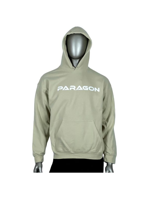 A person wearing a hoodie with the word paragon on it.