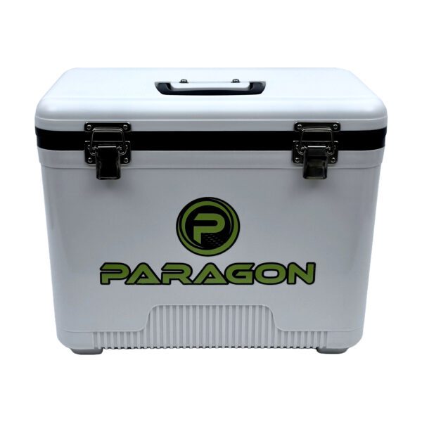 A white cooler with the word paragon on it.
