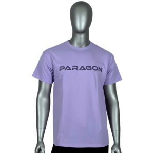 A person wearing a purple t-shirt with the word paragon on it.