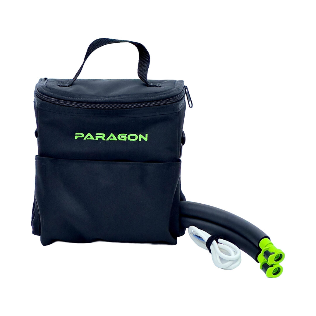 A black bag with a neon green handle and a lime green handle.