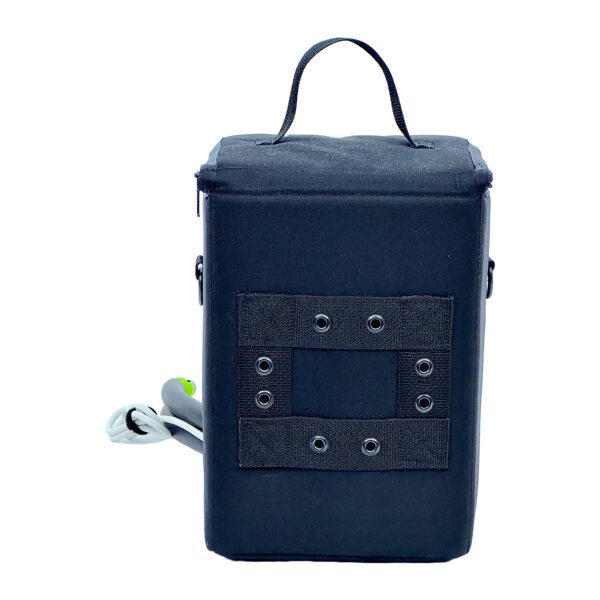 A black bag with a handle and some holes